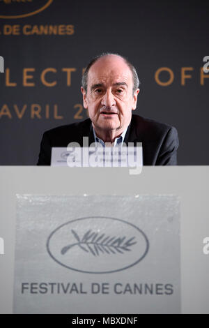 Paris. 12 Apr, 2018. Cannes Film Festival Präsident Pierre Lescure nimmt an einer Pressekonferenz in Paris, Frankreich Am 12. April 2018. Der Ausschuss des Cannes Film Festival findet eine Pressekonferenz am Donnerstag offizielle Auswahl in diesem Jahr ankündigen zu können. Credit: Chen Yichen/Xinhua/Alamy leben Nachrichten Stockfoto