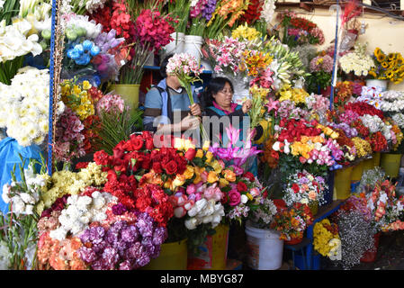 CUZCO, PERU - 29. März 2018: Bunte Blumen für den Verkauf auf der einen Stall im Mercado San Pedro Markt Stockfoto