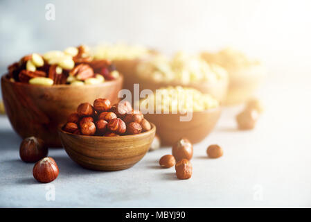 Haselnüsse in Houten. Essen mischen Hintergrund, Ansicht von oben, Kopieren, Banner. Sortiment von Muttern - Cashew, Haselnüsse, Walnüsse, Pistazien, Pekannüsse, Pinienkerne, Erdnuß, Rosinen. Stockfoto