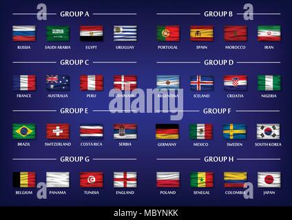 Soccer Cup Team Gruppe gesetzt. Realistische wellig nationale Flaggen auf Farbübergang blaue Farbe Hintergrund. Vektor für internationale WM-Turnier 2. Stock Vektor