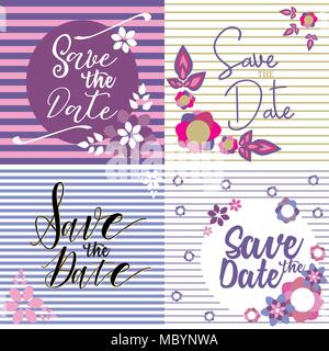 Satz 4 Vector gestreifte Einladungskarte Vorlagen mit floralen Elementen in der violetten Farbtönen gehalten Stock Vektor