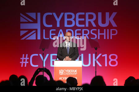 Jeremy Fleming, der Generaldirektor der GCHQ Adressen der Cyber UK Konferenz veranstaltet von der National Cyber Security Center an der Manchester Central Convention Complex. Stockfoto