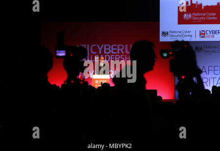 Jeremy Fleming, der Generaldirektor der GCHQ Adressen der Cyber UK Konferenz veranstaltet von der National Cyber Security Center an der Manchester Central Convention Complex. Stockfoto