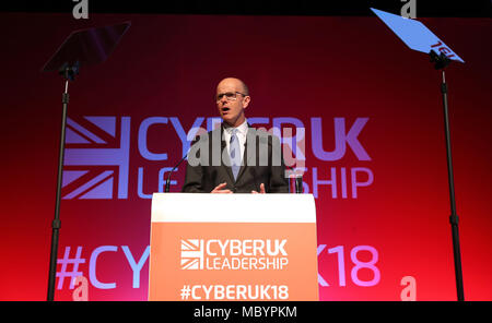 Jeremy Fleming, der Generaldirektor der GCHQ Adressen der Cyber UK Konferenz veranstaltet von der National Cyber Security Center an der Manchester Central Convention Complex. Stockfoto