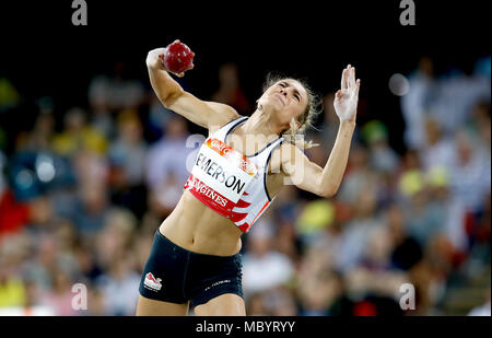 England's Niamh Emerson konkurriert in der Frauen Heptahlon Kugelstoßen an den Carrara Stadion bei Tag acht der Commonwealth Games 2018 in der Gold Coast, Australien. Stockfoto