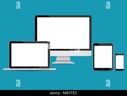 Mockup Gadget und Gerät: Smartphones, Tablet-PCS, Notebooks und Monitoren schwarze Farbe mit leeren Bildschirm auf Hintergrund isoliert. Vektor Stock Vektor