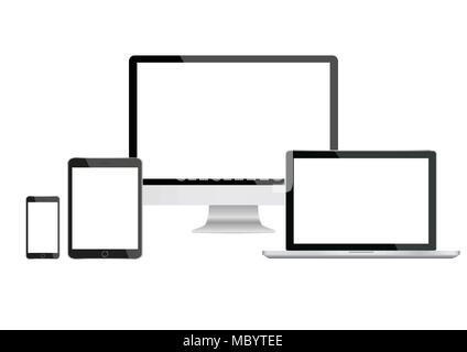 Mockup Gadget und Gerät: Smartphones, Tablet-PCS, Notebooks und Monitoren schwarze Farbe mit leeren Bildschirm auf Hintergrund isoliert. Vektor Stock Vektor