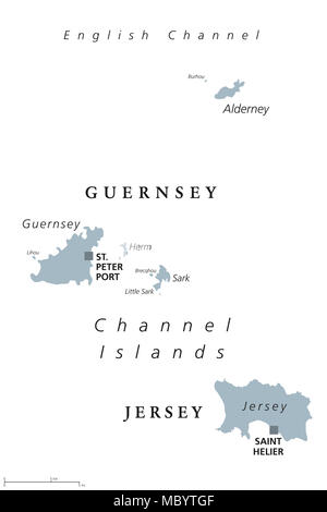 Guernsey und Jersey politische Karte. Kanal Inseln. Crown Dependencies. Archipel im Ärmelkanal, vor der französischen Küste der Normandie. Stockfoto