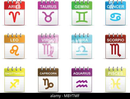Bunte abreißen Kalender mit Sternzeichen Symbol Symbol für Vektorgrafik Idee Designkonzept Stock Vektor