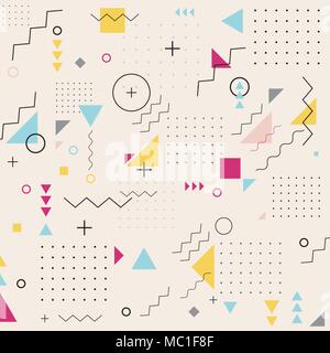 Abstrakte geometrische Dreieck Quadrat Kreis wellenförmige Muster Hintergrund. Memphis. Retro Fashion Style. Vector Illustration für Textil Design, ad Pri Stock Vektor