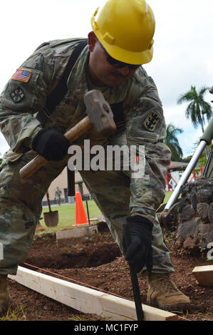 Sgt. Jose Garcia, eine Tischlerei und Mauerwerk Spezialist für die 561St Ingenieur Gesellschaft zugeordnet, 84th Engineer Battalion, 130 Engineer Brigade, 8 Theater Sustainment Command, Hämmer eine Stange an Schofield Baracke, Hawaii, am 23.01.2018. Die Ingenieure arbeiten, den Boden zu bereiten, damit der 25 Infanterie Division 3. Brigade Combat Team Bronco Memorial in der Nähe platziert werden können. (U.S. Armee Foto: Staff Sgt. Armando R. Limon, 3. Brigade Combat Team, 25 Infanterie Division). Stockfoto