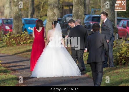 Braut und Bräutigam plus ein Fotograf und andere machen Sie einen Spaziergang zu den Fotos in Großbritannien getroffen haben. Sonnigen Tag im Winter. Stockfoto