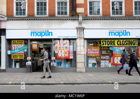 Einen allgemeinen Überblick über Maplin Shop in der Tottenham Court Road, Central London. Stockfoto