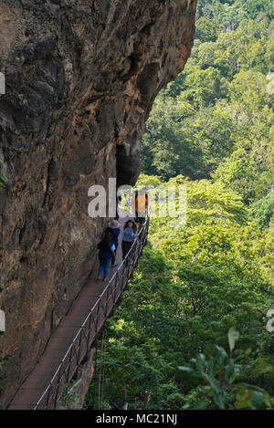 Vertikale Ansicht von Touristen klettern die steile Treppe nach Sigiriya oder Lions Rock in Sri Lanka. Stockfoto