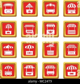 Street Food kiosk Icons Set Red Square Vektor Stock Vektor