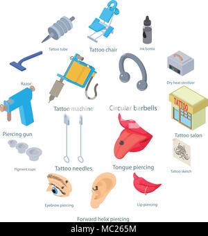 Tätowierer Symbole gesetzt, isometrische Stil Stock Vektor
