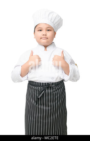 Stattliche kid Hispanic Koch die Daumen bis zu einem seiner Gerichte auf weißem Hintergrund. Stockfoto
