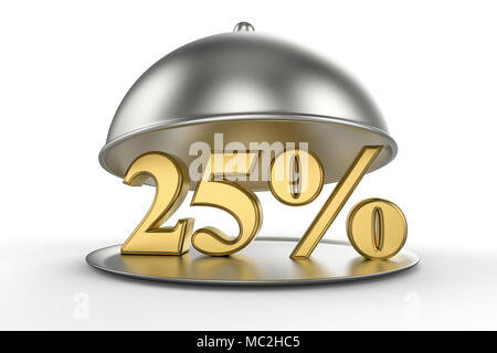 Restaurant cloche mit goldenen 25 Prozent weg von Zeichen auf weißem Hintergrund. 3D-Darstellung Stockfoto