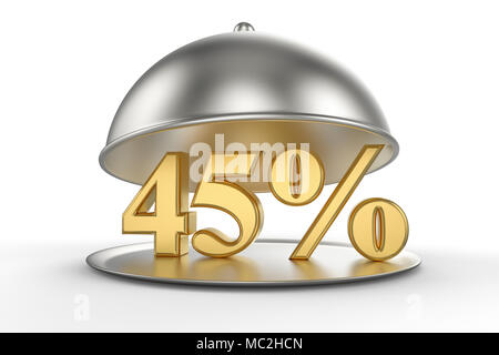 Restaurant cloche mit goldenen 45 Prozent weg von Zeichen auf weißem Hintergrund. 3D-Darstellung Stockfoto