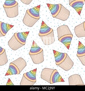 Vektor nahtlose Muster mit kleinen Kuchen und Muffins mit Regenbogen Sahne auffüllen. Hand süße Bäckerei an der gepunkteten Hintergrund dargestellt. Stock Vektor