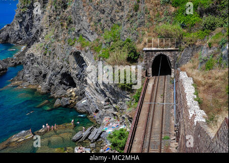 Luftaufnahme der Bahnstrecke in Vernazza Dorf, und Badenden auf Felsen unten. Die Linie verbindet die fünf berühmten Dörfer von La Spezia nach Levanto Stockfoto