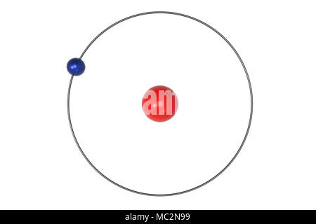 Wasserstoffatom Bohrsche Modell mit Proton und Elektron. 3D-Darstellung Stockfoto