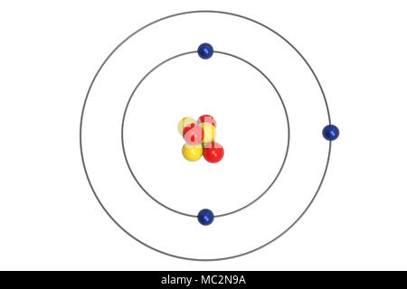 Lithium-ionen Atom Bohr Modell mit den Protonen, Neutronen und Elektronen. 3D-Darstellung Stockfoto