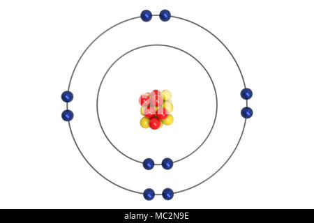 Neon Atom Bohr Modell mit den Protonen, Neutronen und Elektronen. 3D-Darstellung Stockfoto