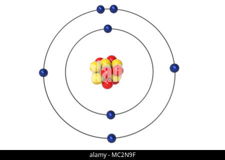 Stickstoff Atom Bohr Modell mit den Protonen, Neutronen und Elektronen. 3D-Darstellung Stockfoto