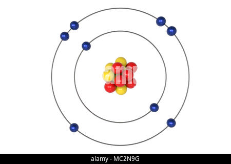 Sauerstoff Atom Bohr Modell mit den Protonen, Neutronen und Elektronen. 3D-Darstellung Stockfoto