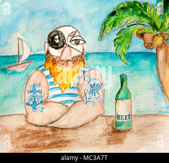 Pirat im blau gestreiften Hemd mit Bier auf das Meer im Hintergrund. Seeleute mit Bart und blue Tattoo in der Beach Bar. Hand gezeichnet Abbildung. Stockfoto