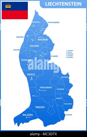 Die detaillierte Karte von Liechtenstein mit Regionen oder Staaten und Städte, Hauptstädte. Verwaltungseinheit Stock Vektor