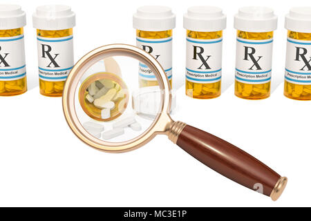 Medizinische Flaschen mit Lupe, Analyse Konzept. 3D-Rendering auf weißem Hintergrund Stockfoto