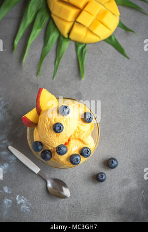 Mango Eiscreme oder Sorbet mit Heidelbeeren in Schale. Hausgemachte Obst mango Eis auf grauem Hintergrund, kopieren. Stockfoto