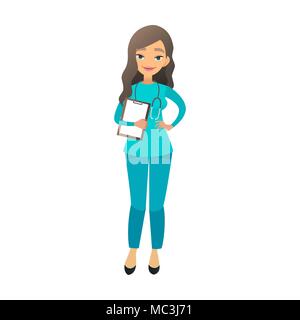 Süße Krankenschwester flachbild Cartoon Illustration. Schöne junge Frauen Arzt. Weibliche Krankenschwester, Krankenhaus Arbeiter in der blauen Uniform. Stock Vektor