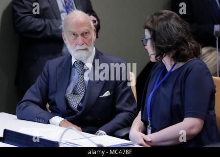 Vereinten Nationen, New York, USA, 12. April 2018 - Prinz Michael von Kent, die während der Konferenz über die Errichtung eines Fonds für Verkehrssicherheit vertrauen heute auf das UN-Hauptquartier in New York City. Foto: Luiz Rampelotto/EuropaNewswire | Verwendung weltweit Stockfoto