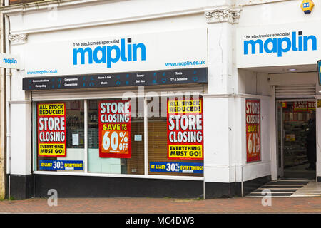 Bournemouth, Dorset, Großbritannien. 13. April 2018. Maplin store in Bournemouth wird schließen, eine von vielen in Großbritannien. Credit: Carolyn Jenkins/Alamy leben Nachrichten Stockfoto