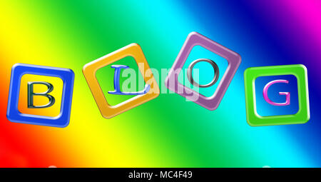 Farbige Blöcke Rechtschreibung das Wort Blog gegen eine lebendige Regenbogen Hintergrund Stockfoto