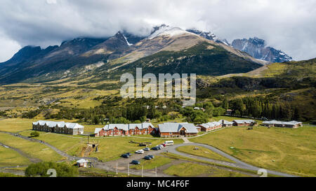 Hotel Las Torres Patagonien und Hosteria Las Torres, Torres del Paine Nationalpark, Patagonien, Chile Stockfoto