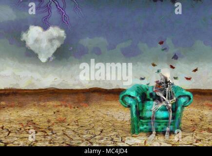 Surreale Szene. Alien Skelett sitzt auf einem Sessel Stockfoto