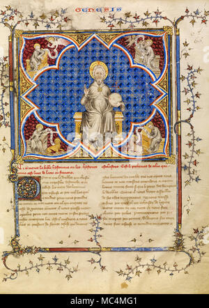 Master von Jean de Mandeville, thronenden Christus und die vier Evangelisten mit ihren Symbolen. Circa 1360-1370. Tempera Farben, Gold und Tinte auf parchme Stockfoto