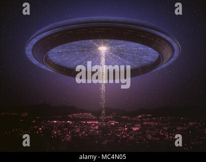 3D-Darstellung. Space Alien Schiff UFO über die Stadt. Konzeptionelle Bild der Ufologie. Stockfoto