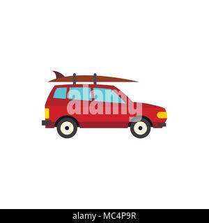 Rotes Auto mit Surfbrett Symbol, flacher Stil Stock Vektor