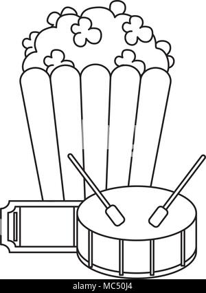 Pop Corn mit Ticket und über weißen Hintergrund drum, Vector Illustration Stock Vektor