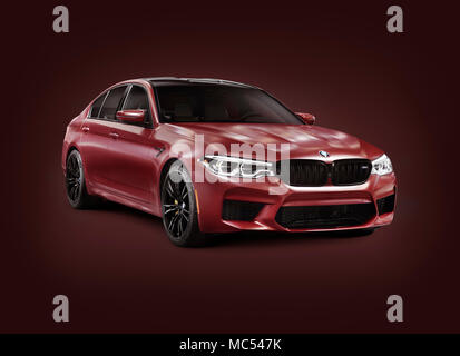 Sechsten Generation des BMW M5, 2018 Performance Car, Luxus Sport Sedan, 5-Serie in dunklem Rot matt Farbe. Mit einen Freistellungspfad auf Burgund backgro Isoliert Stockfoto