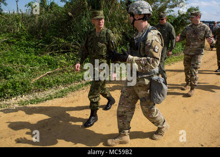 Us-Armee Kapitän Friedrich Sherman, rechts, Escorts Japan Masse Verteidigung-kraft Oberst Eiji Shimamori zu einem Air Defense Artillery Ort während einer Tour 14.01.30 Auf der Marine Corps Air Station Futenma, Okinawa, Japan. Während der ganzen Tour, die Soldaten erklärt sechs verschiedene entscheidende Teile der Ausbildung vor Ort. Diese enthalten: ein Engagement Control Station, eine Radarstation, einem elektronischen Kraftwerk, antennenmast Gruppe, ein Patriot Aussetzstation und missile Segment enhancement Start Station. Sherman ist mit 1-1 Air Defence Battalion. Shimamori ist der kommandierende Offizier des 15 Anti-aircraft Arti Stockfoto