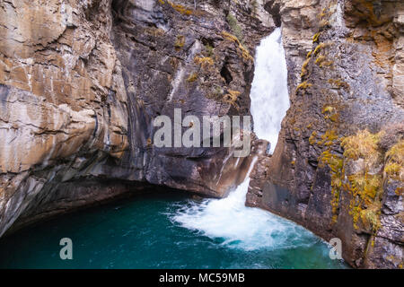 Wasserfall auf der schnell fliessenden Johnston Creek in der Johnston Canyon im späten Oktober, im Banff National Park in Alberta, Kanada. Stockfoto