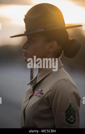 Papa Unternehmen Senior drill instructor Staff Sgt. Thiara Espinosasimons, 28, von Kissimmee, Fla., bereitet ein um Ihr Zug, Zug 4008, während eines abschließenden Bohrer Bewertung. Senior drill Instructors ausbilden, Mentor, und Männer und Frauen in die Marines. (Foto von Lance Cpl. Carlin Warren) Stockfoto