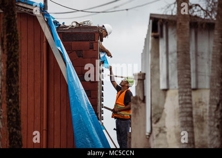 Operation Blue Roof ist ein Katastrophenhilfeprogramm, das von der Federal Emergency Management Agency mit Unterstützung des U.S. Army Corps of Engineers verwaltet wird. Ein Archivbild dokumentiert Arbeiter, die am 5. Januar 2018 in Ciales, Puerto Rico, eine temporäre blaue Dachkonstruktion als Reaktion auf Schäden durch den Hurrikan Maria installiert haben. Stockfoto
