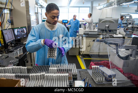 Staff Sgt. Gerald Gatlin bereitet Serologie Proben in der immundiagnostik Abschnitt der Epidemiologie Labor Service, auch als "Epi-Labor bekannt,' an der 711th Human Performance Flügel United States Air Force Schule für Luft- und Raumfahrtmedizin und die öffentliche Gesundheit auf Wright Patterson AFB, Ohio, Jan. 30, 2018. Die immundiagnostik Abschnitt vor kurzem installierte eine automatisierte Prüfung, Blue Track auf der Linken, die Computer gesteuert Proben vorzubereiten und sie mit den entsprechenden Analyzer Transfer für STD Siebung, Status - immune Tests oder andere Analysen. Das System automatisch Ergebnisse an D Stockfoto